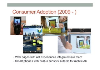 Consumer Adoption (2009 - )
•  Web pages with AR experiences integrated into them
•  Smart phones with built-in sensors suitable for mobile AR
 