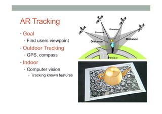 AR Tracking
• Goal
•  Find users viewpoint
• Outdoor Tracking
•  GPS, compass
• Indoor
•  Computer vision
•  Tracking known features
 