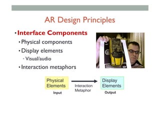 • Interface Components
• Physical components
• Display elements
• Visual/audio
• Interaction metaphors
Physical
Elements
Display
ElementsInteraction
Metaphor
Input Output
AR Design Principles
 