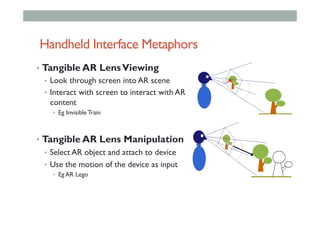Handheld Interface Metaphors
•  Tangible AR LensViewing
•  Look through screen into AR scene
•  Interact with screen to interact with AR
content
•  Eg Invisible Train
•  Tangible AR Lens Manipulation
•  Select AR object and attach to device
•  Use the motion of the device as input
•  Eg AR Lego
 