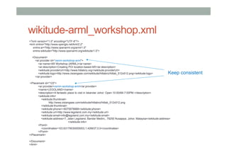 wikitude-arml_workshop.xml
<?xml version="1.0" encoding="UTF-8"?>
<kml xmlns="http://www.opengis.net/kml/2.2"
xmlns:ar="http://www.openarml.org/arml/1.0"
xmlns:wikitude="http://www.openarml.org/wikitude/1.0">
<Document>
<ar:provider id=“vsmm-workshop-arml">
<ar:name>AR Workshop (ARML)</ar:name>
<ar:description>Creating POI location-based AR</ar:description>
<wikitude:providerUrl>http://www.hitlabnz.org</wikitude:providerUrl>
<wikitude:logo>http://www.zisiangsee.com/wikitude/hitlabnz/hitlab_512x512.png</wikitude:logo>
</ar:provider>
<Placemark id="123">
<ar:provider>vsmm-workshop-arml</ar:provider>
<name>LEGOLAND</name>
<description>A fantastic place to visit in Iskandar Johor. Open 10:00AM-7:00PM.</description>
<wikitude:info>
<wikitude:thumbnail>
http://www.zisiangsee.com/wikitude/hitlabnz/hitlab_512x512.png
</wikitude:thumbnail>
<wikitude:phone>+6075978888</wikitude:phone>
<wikitude:url>http://www.legoland.com.my</wikitude:url>
<wikitude:email>info@legoland.com.my</wikitude:email>
<wikitude:address>7, Jalan Legoland, Bandar Medini,, 79250 Nusajaya, Johor, Malaysia</wikitude:address>
</wikitude:info>
<Point>
<coordinates>103.63179030000003,1.426637,0.0</coordinates>
</Point>
</Placemark>
</Document>
</kml>
Keep consistent
 