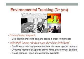 Environmental Tracking (3+ yrs)
• Environment capture
•  Use depth sensors to capture scene & track from model
• InifinitAM (www.robots.ox.ac.uk/~victor/infinitam/)
•  Real time scene capture on mobiles, dense or sparse capture
•  Dynamic memory swapping allows large environment capture
•  Cross platform, open source library available
 