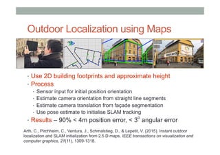 Outdoor Localization using Maps
•  Use 2D building footprints and approximate height
•  Process
•  Sensor input for initial position orientation
•  Estimate camera orientation from straight line segments
•  Estimate camera translation from façade segmentation
•  Use pose estimate to initialise SLAM tracking
•  Results – 90% < 4m position error, < 3
o
angular error
Arth, C., Pirchheim, C., Ventura, J., Schmalstieg, D., & Lepetit, V. (2015). Instant outdoor
localization and SLAM initialization from 2.5 D maps. IEEE transactions on visualization and
computer graphics, 21(11), 1309-1318.
 