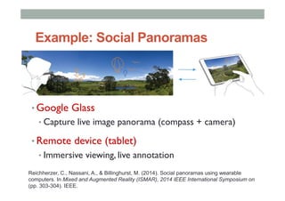 Example: Social Panoramas
• Google Glass
• Capture live image panorama (compass + camera)
• Remote device (tablet)
• Immersive viewing, live annotation
Reichherzer, C., Nassani, A., & Billinghurst, M. (2014). Social panoramas using wearable
computers. In Mixed and Augmented Reality (ISMAR), 2014 IEEE International Symposium on
(pp. 303-304). IEEE.
 