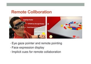 Remote Collboration
• Eye gaze pointer and remote pointing
• Face expression display
• Implicit cues for remote collaboration
 