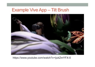 Example Vive App – Tilt Brush
https://www.youtube.com/watch?v=ijukZmYFX-0
 
