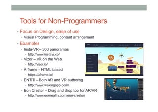 Tools for Non-Programmers
•  Focus on Design, ease of use
•  Visual Programming, content arrangement
•  Examples
•  Insta-VR – 360 panoramas
•  http://www.instavr.co/
•  Vizor – VR on the Web
•  http://vizor.io/
•  A-frame – HTML based
•  https://aframe.io/
•  ENTiTi – Both AR and VR authoring
•  http://www.wakingapp.com/
•  Eon Creator – Drag and drop tool for AR/VR
•  http://www.eonreality.com/eon-creator/
 