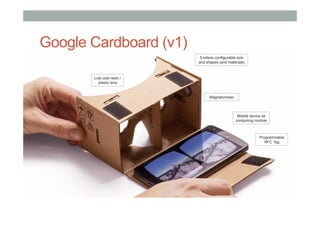 •  Carl Zeiss just announced VR One, a virtual reality headset for use with a
smartphone. It is a viewer designed to work with phones between 4.7 and 5.2
inches (Zeiss, 2014).
Programmable
NFC Tag
Low cost resin /
plastic lens
Mobile device as
computing module
Endless configurable size
and shapes (and materials)
Magnetometer
Google Cardboard (v1)
 