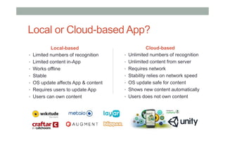 Local or Cloud-based App?
Cloud-based
•  Unlimited numbers of recognition
•  Unlimited content from server
•  Requires network
•  Stability relies on network speed
•  OS update safe for content
•  Shows new content automatically
•  Users does not own content
Local-based
•  Limited numbers of recognition
•  Limited content in-App
•  Works offline
•  Stable
•  OS update affects App & content
•  Requires users to update App
•  Users can own content
 