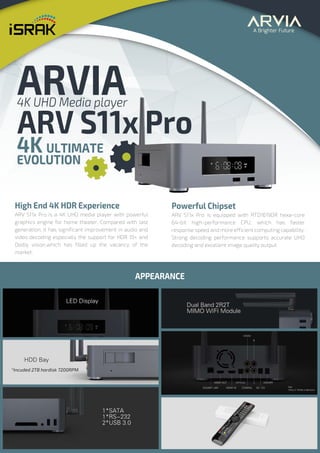 High End 4K HDR Experience
ARV S11x Pro is a 4K UHD media player with powerful
graphics engine for home theater. Compared with last
generation, it has significant improvement in audio and
video decoding especially the support for HDR 10+ and
Dolby vision,which has filled up the vacancy of the
market.
APPEARANCE
Powerful Chipset
ARV S11x Pro is equipped with RTD1619DR hexa-core
64-bit high-performance CPU, which has faster
response speed and more efficient computing capability.
Strong decoding performance supports accurate UHD
decoding and excellent image quality output
4K ULTIMATE
EVOLUTION
ARVIA
4K UHD Media player
ARV S11x Pro
*Incuded 2TB hardisk 7200RPM
 