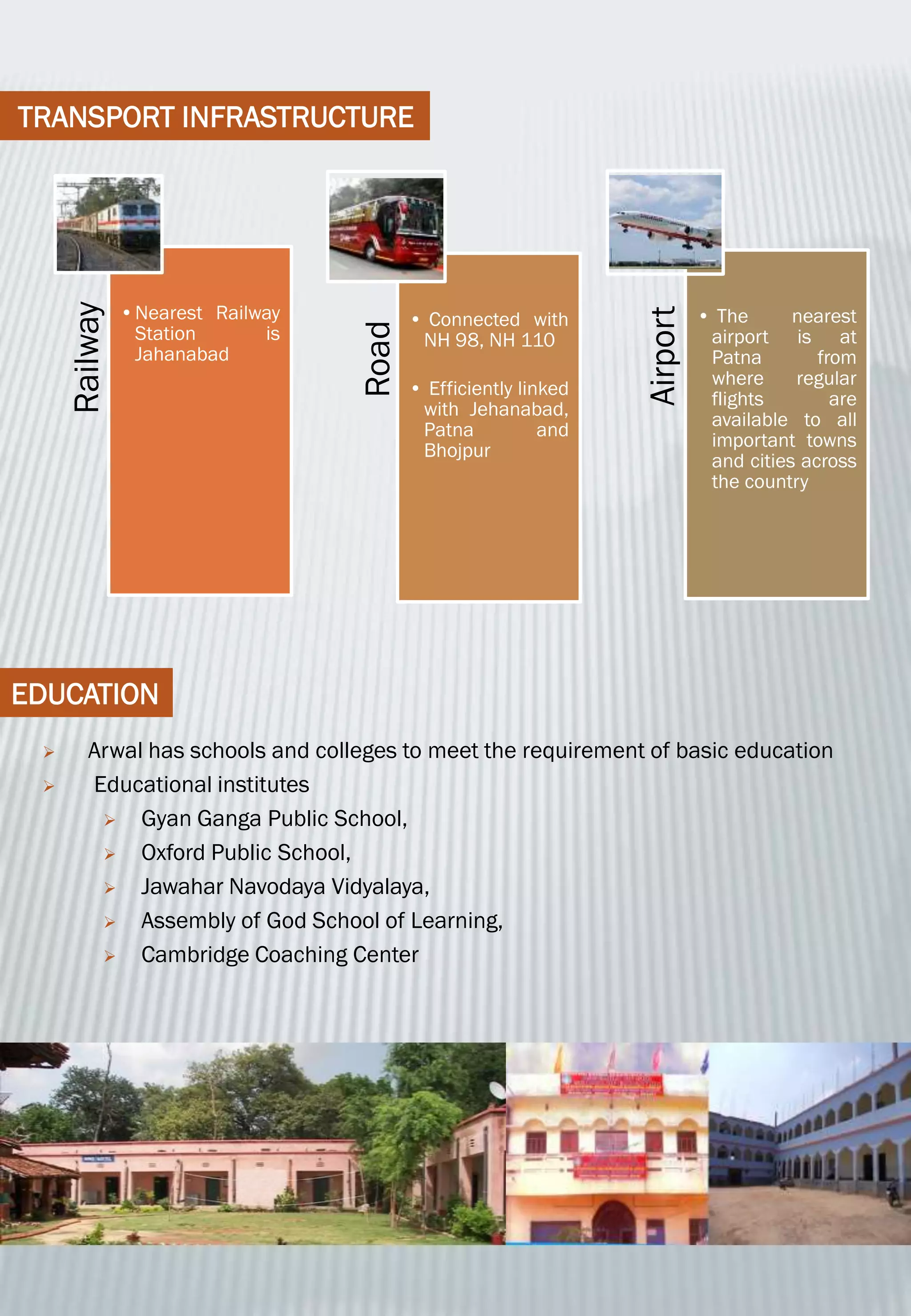 TRANSPORT INFRASTRUCTURE
Railway
•Nearest Railway
Station is
Jahanabad
Road
• Connected with
NH 98, NH 110
• Efficiently linked
with Jehanabad,
Patna and
Bhojpur
Airport
• The nearest
airport is at
Patna from
where regular
flights are
available to all
important towns
and cities across
the country
EDUCATION
 Arwal has schools and colleges to meet the requirement of basic education
 Educational institutes
 Gyan Ganga Public School,
 Oxford Public School,
 Jawahar Navodaya Vidyalaya,
 Assembly of God School of Learning,
 Cambridge Coaching Center
 
