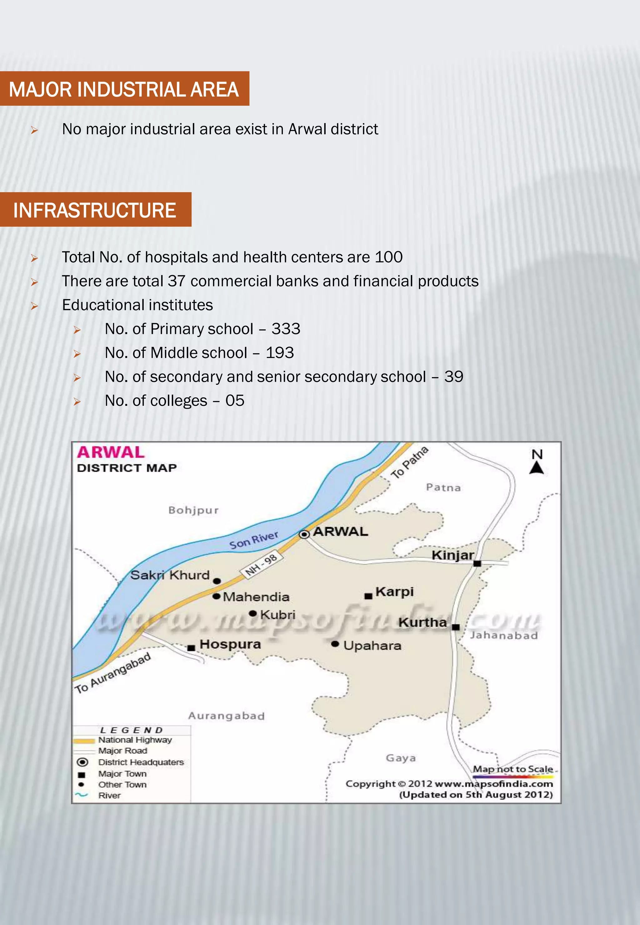 MAJOR INDUSTRIAL AREA
 No major industrial area exist in Arwal district
INFRASTRUCTURE
 Total No. of hospitals and health centers are 100
 There are total 37 commercial banks and financial products
 Educational institutes
 No. of Primary school – 333
 No. of Middle school – 193
 No. of secondary and senior secondary school – 39
 No. of colleges – 05
 