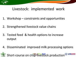 Livestock: implemented work

1. Workshop – constraints and opportunities

2. Strengthened livestock value chains

3. Tested feed & health options to increase
   output

4. Disseminated improved milk processing options

5. Short-course on crop-livestock production
 