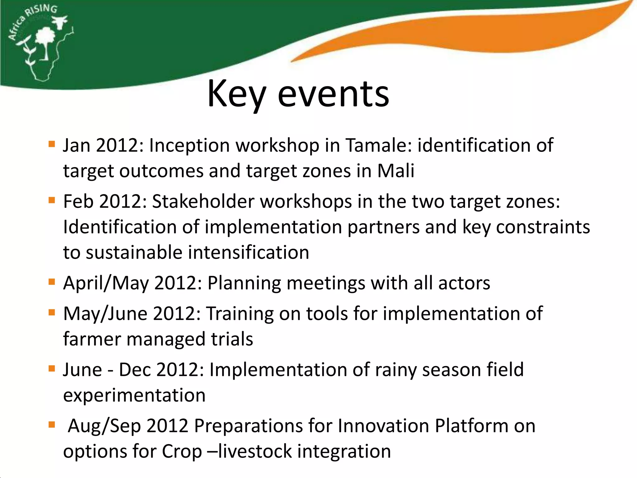 Key events
 Jan 2012: Inception workshop in Tamale: identification of
  target outcomes and target zones in Mali
 Feb 2012: Stakeholder workshops in the two target zones:
  Identification of implementation partners and key constraints
  to sustainable intensification
 April/May 2012: Planning meetings with all actors
 May/June 2012: Training on tools for implementation of
  farmer managed trials
 June - Dec 2012: Implementation of rainy season field
  experimentation
 Aug/Sep 2012 Preparations for Innovation Platform on
  options for Crop –livestock integration
 