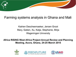Farming systems analysis in Ghana and Mali
Katrien Descheemaeker, Jeroen Groot
Mary, Gatien, Xu, Katja, Stephanie, Mirja
Wageningen University
Africa RISING West Africa Project Annual Review and Planning
Meeting, Accra, Ghana, 24-25 March 2015
 