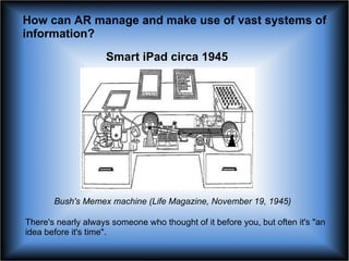 Smart iPad circa 1945 Bush's Memex machine (Life Magazine, November 19, 1945)     There's nearly always someone who though...