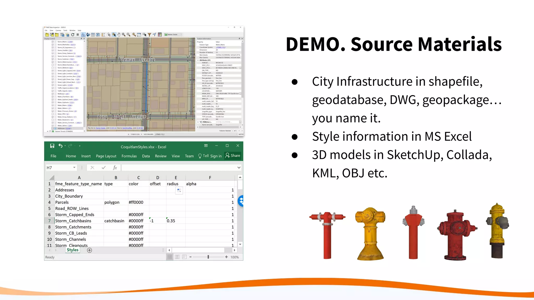 DEMO. Source Materials
● City Infrastructure in shapefile,
geodatabase, DWG, geopackage…
you name it.
● Style information in MS Excel
● 3D models in SketchUp, Collada,
KML, OBJ etc.
 