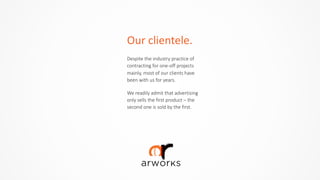Our	
  clientele.
Despite  the  industry  practice  of  
contracting  for  one-­‐off  projects  
mainly,  most  of  our  clients  have  
been  with  us  for  years.  
We  readily  admit  that  advertising  
only  sells  the  first  product  –  the  
second  one  is  sold  by  the  first.  
 