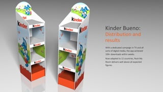 Kinder	
  Bueno:	
  	
  
Distribution	
  and	
  
results
With  a  dedicated  campaign  in  TV  and  all  
sorts  of  digital  media,  the  app  achieved  
10K+  downloads  within  weeks.    
Now  adapted  to  12  countries,  Rock  My  
Room  delivers  well  above  all  expected  
figures.
 