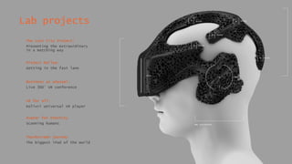 Lab projects
The Lost City Project:
Presenting the extraordinary
in a matching way
Project Rallye:
Getting in the fast lane
Business as unusual:
Live 360° VR conference
VR for all:
Kolivri universal VR player
Touchscreen journey
The biggest iPad of the world
Avatar for Eternity
Scanning humans
 