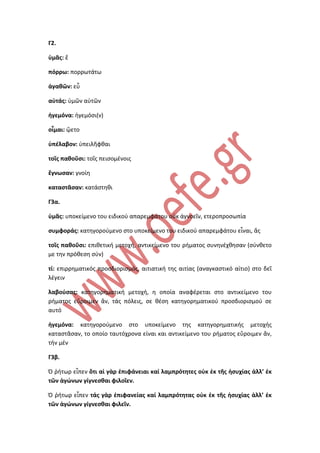Γ2.
ὑμᾶς: ἕ
πόρρω: πορρωτάτω
ἀγαθῶν: εὖ
αὑτάς: ὑμῶν αὐτῶν
ἡγεμόνα: ἡγεμόσι(ν)
οἶμαι: ᾤετο
ὑπέλαβον: ὑπειλῆφθαι
τοῖς παθοῦσι: τοῖς πεισομένοις
ἔγνωσαν: γνοίη
καταστᾶσαν: κατάστηθι
Γ3α.
ὑμᾶς: υποκείμενο του ειδικού απαρεμφάτου οὐκ ἀγνοεῖν, ετεροπροσωπία
συμφοράς: κατηγορούμενο στο υποκείμενο του ειδικού απαρεμφάτου εἶναι, ἅς
τοῖς παθοῦσι: επιθετική μετοχή, αντικείμενο του ρήματος συνηνέχθησαν (σύνθετο
με την πρόθεση σύν)
τί: επιρρηματικός προσδιορισμός, αιτιατική της αιτίας (αναγκαστικό αίτιο) στο δεῖ
λέγειν
λαβούσας: κατηγορηματική μετοχή, η οποία αναφέρεται στο αντικείμενο του
ρήματος εὕροιμεν ἄν, τάς πόλεις, σε θέση κατηγορηματικού προσδιορισμού σε
αυτό
ἡγεμόνα: κατηγορούμενο στο υποκείμενο της κατηγορηματικής μετοχής
καταστᾶσαν, το οποίο ταυτόχρονα είναι και αντικείμενο του ρήματος εὕροιμεν ἄν,
τήν μέν
Γ3β.
Ὁ ῥήτωρ εἶπεν ὅτι αἱ γὰρ ἐπιφάνειαι καί λαμπρότητες οὐκ ἐκ τῆς ἡσυχίας ἀλλ’ ἐκ
τῶν ἀγώνων γίγνεσθαι φιλοῖεν.
Ὁ ῥήτωρ εἶπεν τάς γὰρ ἐπιφανείας καί λαμπρότητας οὐκ ἐκ τῆς ἡσυχίας ἀλλ’ ἐκ
τῶν ἀγώνων γίγνεσθαι φιλεῖν.
 