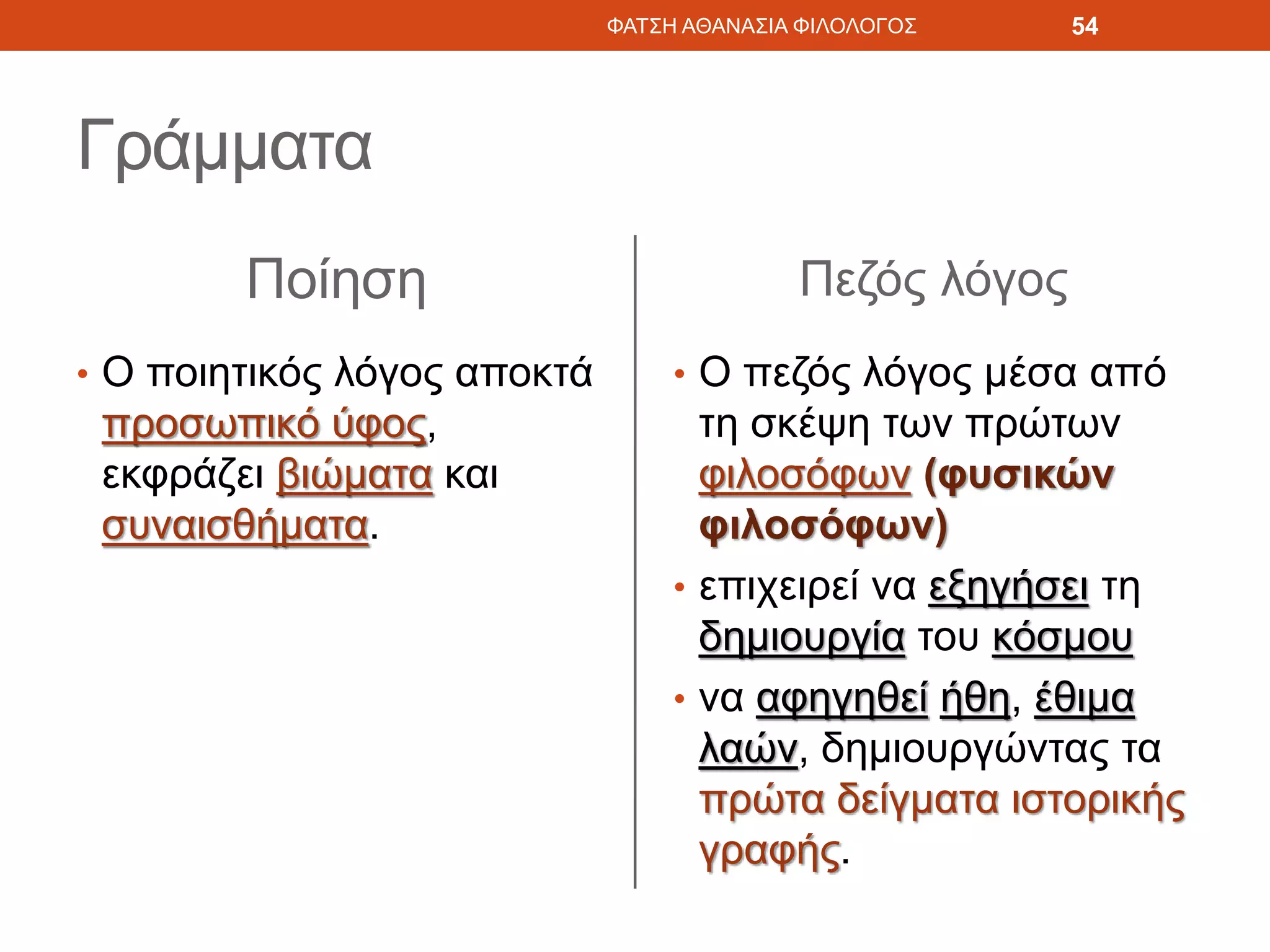 Γράμματα
Ποίηση
• Ο ποιητικός λόγος αποκτά
προσωπικό ύφος,
εκφράζει βιώματα και
συναισθήματα.
Πεζός λόγος
• Ο πεζός λόγος μέσα από
τη σκέψη των πρώτων
φιλοσόφων (φυσικών
φιλοσόφων)
• επιχειρεί να εξηγήσει τη
δημιουργία του κόσμου
• να αφηγηθεί ήθη, έθιμα
λαών, δημιουργώντας τα
πρώτα δείγματα ιστορικής
γραφής.
ΦΑΤΣΗ ΑΘΑΝΑΣΙΑ ΦΙΛΟΛΟΓΟΣ 54
 