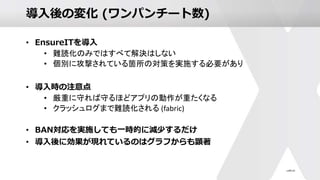 導入後の変化 (ワンパンチート数)
• EnsureITを導入
• 難読化のみではすべて解決はしない
• 個別に攻撃されている箇所の対策を実施する必要があり
• 導入時の注意点
• 厳重に守れば守るほどアプリの動作が重たくなる
• クラッシュログまで難読化される (fabric)
• BAN対応を実施しても一時的に減少するだけ
• 導入後に効果が現れているのはグラフからも顕著
 