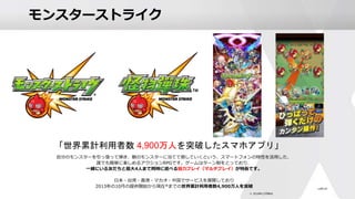 モンスターストライク
自分のモンスターを引っ張って弾き、敵のモンスターに当てて倒していくという、スマートフォンの特性を活用した、
誰でも簡単に楽しめるアクションRPGです。ゲームはターン制をとっており、
一緒にいる友だちと最大4人まで同時に遊べる協力プレイ（マルチプレイ）が特長です。
日本・台湾・香港・マカオ・中国でサービスを展開しており
2013年の10月の提供開始から現在※までの世界累計利用者数4,900万人を突破
※ 2018年12月時点
「世界累計利用者数 4,900万人を突破したスマホアプリ」
 