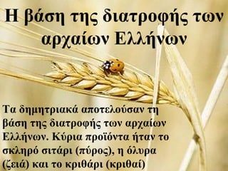 Η βάση της διατροφής των
    αρχαίων Ελλήνων


Τα δημητριακά αποτελούσαν τη
βάση της διατροφής των αρχαίων
Ελλήνων. Κύρια προϊόντα ήταν το
σκληρό σιτάρι (πύρος), η όλυρα
(ζειά) και το κριθάρι (κριθαί)
 