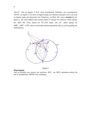6   

ED, CF , τότε τα σημεία T , B, M είναι συνευθειακά. Επιπλέον, στο εγγεγραμμένο
ECFD , τα σημεία T , M είναι τα σημεία τομής των απέναντι πλευρών και το Q είναι
το σημείο τομής των διαγωνίων του. Επομένως η ευθεία TM είναι η πολική του Q ,
οπότε η AQ είναι κάθετη στην πολική (αφού Α κέντρο του κύκλου), οπότε έχουμε
ˆ
ότι ABT  90 . Έτσι, έπεται ότι EF  TM αφού AB  EF , οπότε έχουμε ότι

ˆ
ˆ
ˆ
BMC  MEF  CFB , όπου η τελευταία ισότητα προκύπτει από τις γωνίες χορδής και
εφαπτομένης.

Σχήμα 3
Παρατήρηση
Από τις ισότητες των γωνιών των τριγώνων BCE και BFD , προκύπτει επίσης ότι
και το τετράπλευρο BEDM είναι εγγράψιμο.
 

 