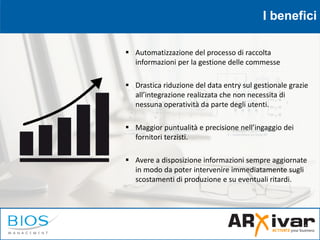 I benefici
 Automatizzazione del processo di raccolta
informazioni per la gestione delle commesse
 Drastica riduzione de...
