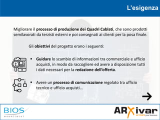 L’esigenza
Gli obiettivi del progetto erano i seguenti:
 Guidare lo scambio di informazioni tra commerciale e ufficio
acq...