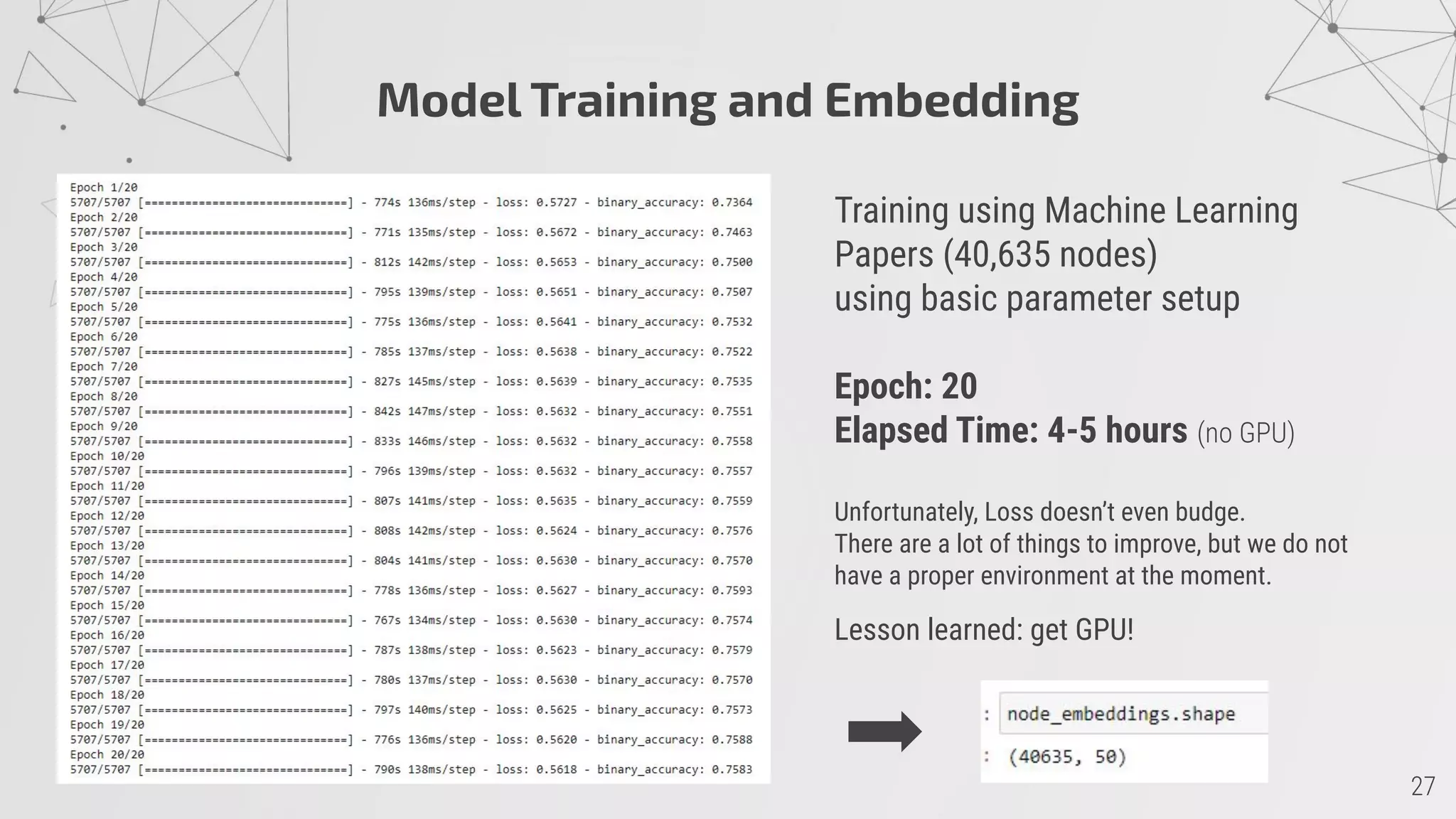 Model Training and Embedding
Training using Machine Learning
Papers (40,635 nodes)
using basic parameter setup
Epoch: 20
Elapsed Time: 4-5 hours
Unfortunately, Loss doesn’t even budge.
There are a lot of things to improve, but we do not
have a proper environment at the moment.
Lesson learned: get GPU!
 