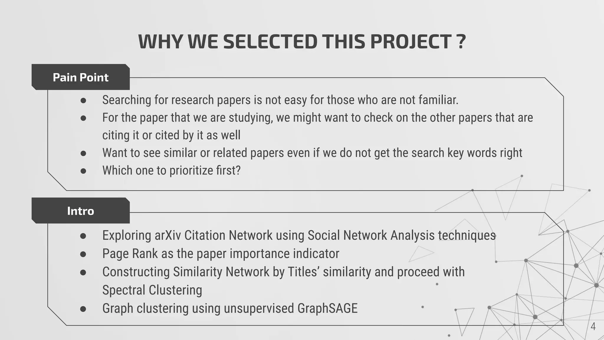 WHY WE SELECTED THIS PROJECT ?
Pain Point
● Searching for research papers is not easy for those who are not familiar.
● For the paper that we are studying, we might want to check on the other papers that are
citing it or cited by it as well
● Want to see similar or related papers even if we do not get the search key words right
● Which one to prioritize ﬁrst?
Intro
● Exploring arXiv Citation Network using Social Network Analysis techniques
● Page Rank as the paper importance indicator
● Constructing Similarity Network by Titles’ similarity and proceed with
Spectral Clustering
● Graph clustering using unsupervised GraphSAGE
 