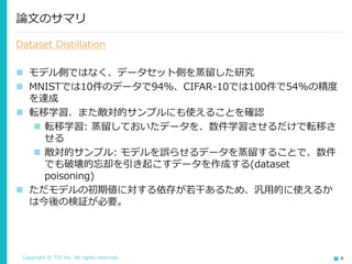 Copyright © TIS Inc. All rights reserved. 4
Dataset Distillation
◼ モデル側ではなく、データセット側を蒸留した研究
◼ MNISTでは10件のデータで94%、CIFAR-10では100件で54%の精度
を達成
◼ 転移学習、また敵対的サンプルにも使えることを確認
◼ 転移学習: 蒸留しておいたデータを、数件学習させるだけで転移さ
せる
◼ 敵対的サンプル: モデルを誤らせるデータを蒸留することで、数件
でも破壊的忘却を引き起こすデータを作成する(dataset
poisoning)
◼ ただモデルの初期値に対する依存が若干あるため、汎用的に使えるか
は今後の検証が必要。
論文のサマリ
 