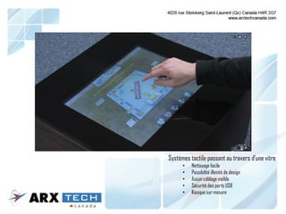 Systèmes tactile passant au travers d’une vitre
• Nettoyage facile
• Possibilité illimité de design
• Aucun câblage visible
• Sécurité des ports USB
• Kiosque sur mesure
 