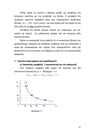 Επίσης πρέπει να τονιστεί η διάκριση μεταξύ της μεταβολής στη
ζητούμενη ποσότητα και της μεταβολής της ζήτηση. Η μεταβολή στη
ζητούμενη ποσότητα εκφράζεται μέσω μιας συγκεκριμένης συνάρτησης
ζήτησης QD = f (P), ceteris paribus, και είναι κίνηση από ένα σημείο σε ένα
άλλο αλλά επί της ίδιας καμπύλης ζήτησης.
Μεταβολή στη ζήτηση σημαίνει αλλαγή της συνάρτησης (όχι κατ’
ανάγκη και αλλαγή της μαθηματικής μορφής της) και επομένως άλλη
καμπύλη ζήτησης.
Πρέπει να επισημανθεί στους μαθητές ότι οι συναρτήσεις ζήτησης που
χρησιμοποιούμε (γραμμική και ισοσκελής υπερβολή) είναι μια απλοποίηση η
οποία δεν ανταποκρίνεται κατ’ ανάγκη στην πραγματικότητα, αλλά μας
διευκολύνουν στην κατανόηση των διάφορων εννοιών και στις οικονομετρικές
εφαρμογές.
2. Τεχνικές παρατηρήσεις και παραδείγματα
α) Ισοσκελής υπερβολή (*αποκλειστικά για τον καθηγητή)
Στην ισοσκελή υπερβολή κάθε σημείο της καμπύλης έχει ίδια
ελαστικότητα ζήτησης ίση με -1 (διάγραμμα 2.1):
ED( A ) = ED( B ) = ED( Γ ) = ED( ∆ ) = -1.
Q
P D
A
B
Γ
∆
0
ΡΑ
ΡΒ
ΡΓ
Ρ∆
QA QB QΓ Q∆
∆ιάγραμμα 2.1
27
 