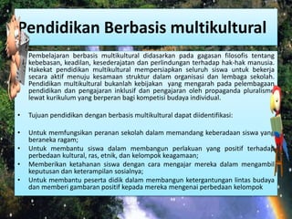 Pendidikan Berbasis multikultural 
• Pembelajaran berbasis multikultural didasarkan pada gagasan filosofis tentang 
kebebasan, keadilan, kesederajatan dan perlindungan terhadap hak-hak manusia. 
Hakekat pendidikan multikultural mempersiapkan seluruh siswa untuk bekerja 
secara aktif menuju kesamaan struktur dalam organisasi dan lembaga sekolah. 
Pendidikan multikultural bukanlah kebijakan yang mengarah pada pelembagaan 
pendidikan dan pengajaran inklusif dan pengajaran oleh propaganda pluralisme 
lewat kurikulum yang berperan bagi kompetisi budaya individual. 
• Tujuan pendidikan dengan berbasis multikultural dapat diidentifikasi: 
• Untuk memfungsikan peranan sekolah dalam memandang keberadaan siswa yang 
beraneka ragam; 
• Untuk membantu siswa dalam membangun perlakuan yang positif terhadap 
perbedaan kultural, ras, etnik, dan kelompok keagamaan; 
• Memberikan ketahanan siswa dengan cara mengajar mereka dalam mengambil 
keputusan dan keterampilan sosialnya; 
• Untuk membantu peserta didik dalam membangun ketergantungan lintas budaya 
dan memberi gambaran positif kepada mereka mengenai perbedaan kelompok 
 