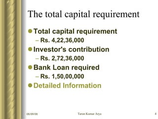 The total capital requirement <ul><li>Total capital requirement </li></ul><ul><ul><li>Rs. 4,22,36,000 </li></ul></ul><ul><...