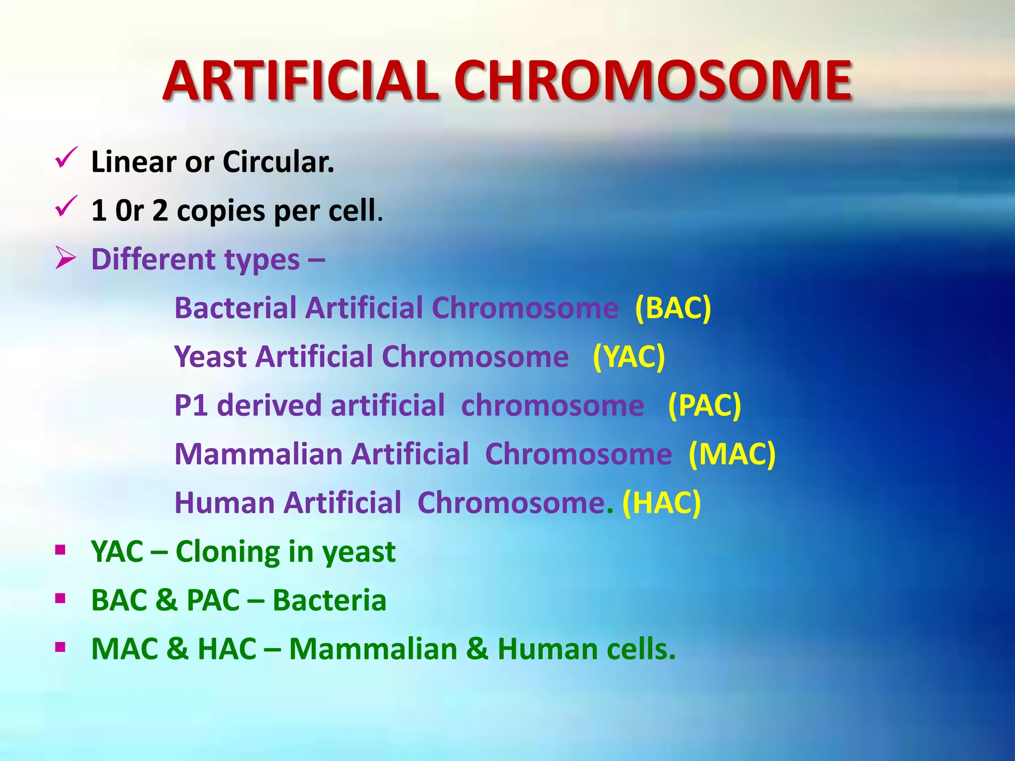 ARTIFICIAL CHROMOSOME
 Linear or Circular.
 1 0r 2 copies per cell.
 Different types –
Bacterial Artificial Chromosome (BAC)
Yeast Artificial Chromosome (YAC)
P1 derived artificial chromosome (PAC)
Mammalian Artificial Chromosome (MAC)
Human Artificial Chromosome. (HAC)
 YAC – Cloning in yeast
 BAC & PAC – Bacteria
 MAC & HAC – Mammalian & Human cells.
 