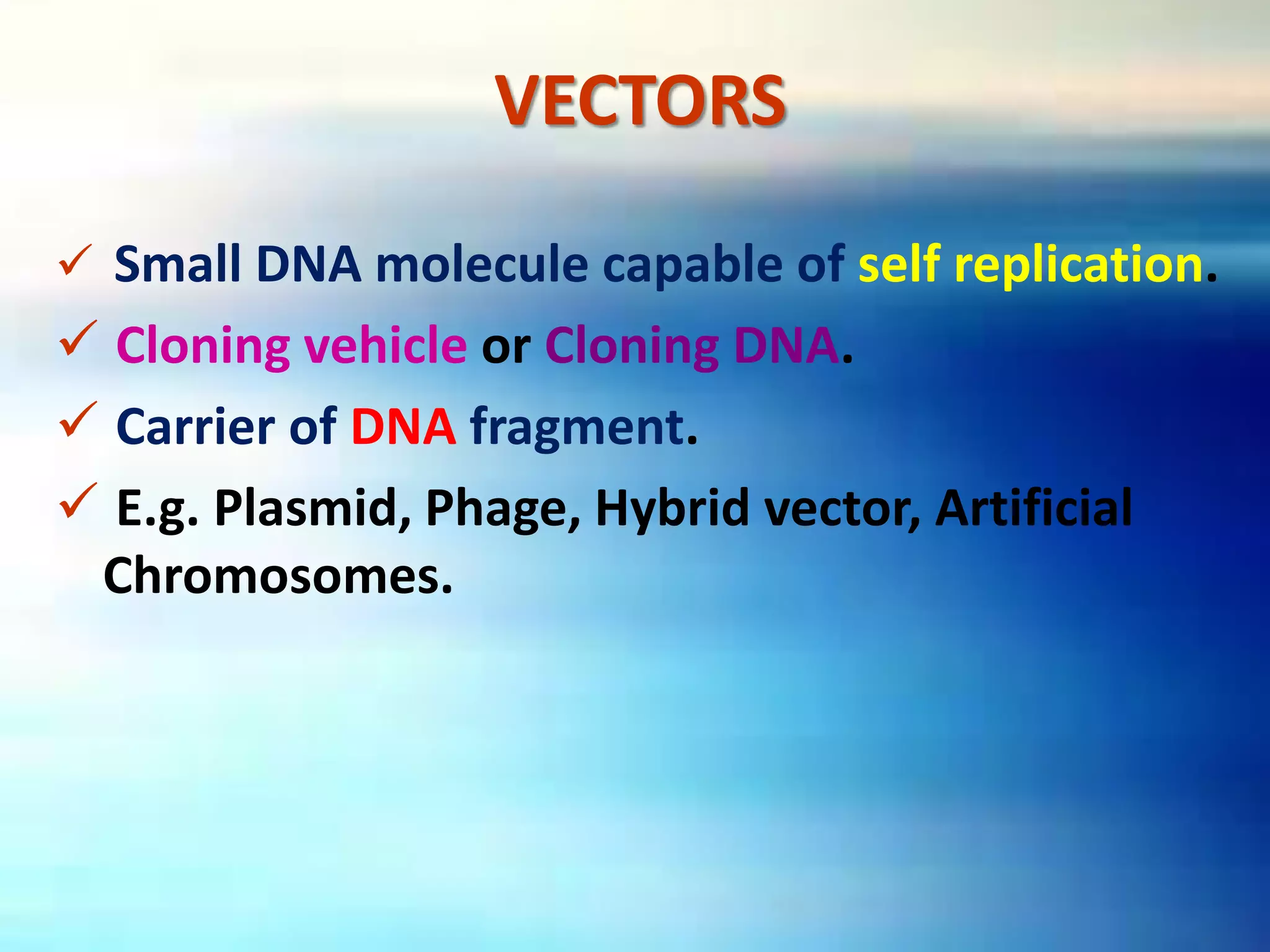 VECTORS
 Small DNA molecule capable of self replication.
 Cloning vehicle or Cloning DNA.
 Carrier of DNA fragment.
 E.g. Plasmid, Phage, Hybrid vector, Artificial
Chromosomes.
 