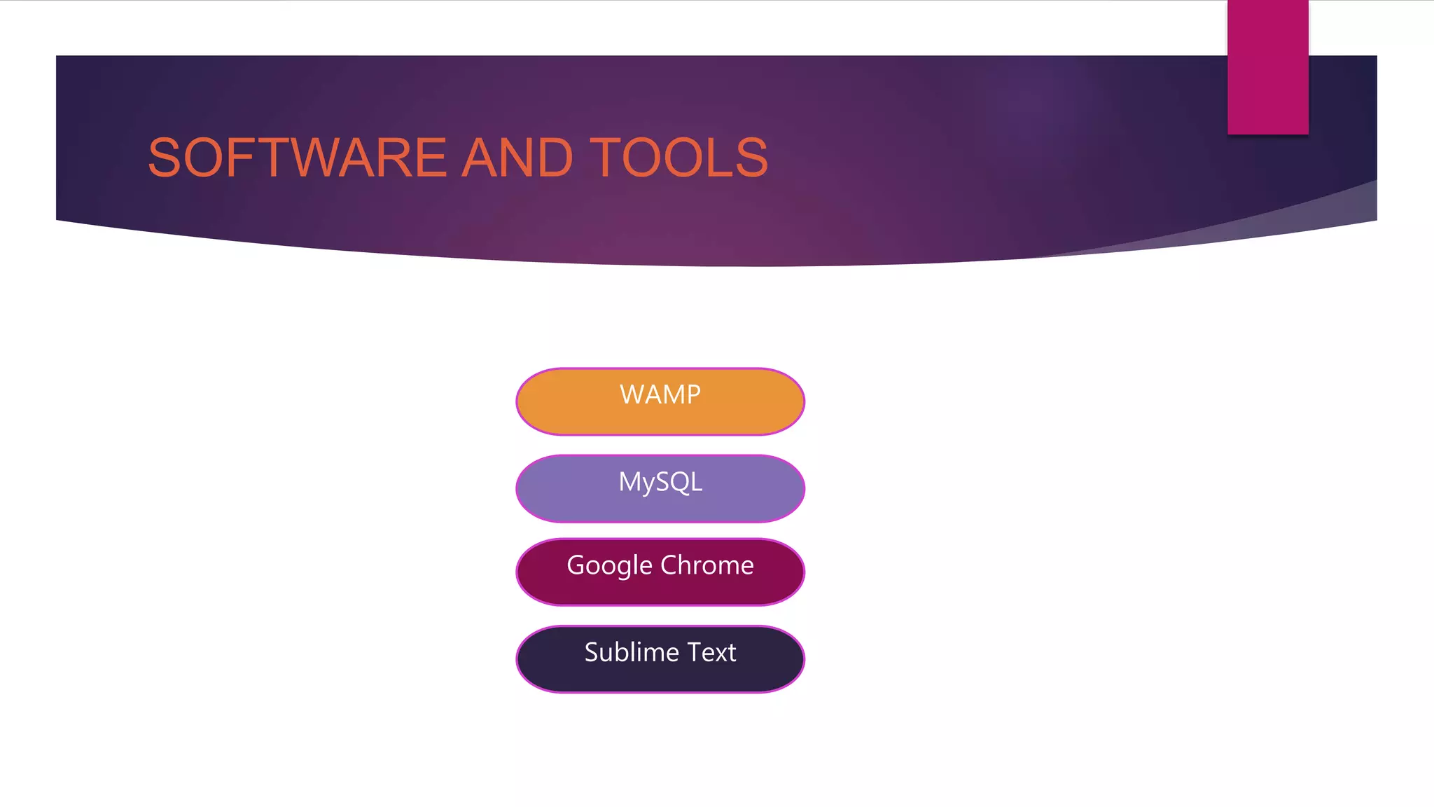 SOFTWARE AND TOOLS
WAMP
MySQL
Google Chrome
Sublime Text
 