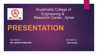 Aryabhatta College of
Engineering &
Research Center , Ajmer
PRESENTATION
Submitted to: Submitted by:
MR. ASHISH GUWALANI Sunil Nayak
 