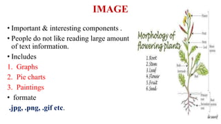 IMAGE
• Important & interesting components .
• People do not like reading large amount
of text information.
• Includes
1. Graphs
2. Pie charts
3. Paintings
• formate
.jpg, .png, .gif etc.
 