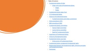 • Table of Contents
• Fundamental duties of India
• Origin and scope of fundamental duties
• Origin
• Scope
• Fundamental duties taken from
• 11 Fundamental duties
• Features of Fundamental Duties
• Fundamental duties and Indian constitution
• 42nd amendment 1976
• 86th amendment 2002
• Fundamental duties committees
• Swaran Singh Committee
• Justice Verma committee
• Need for Fundamental Duties
• Importance of fundamental duties
• Criticism of fundamental duties
• Fundamental duties case laws
• Enforcement of Fundamental Duties
• Fundamental duties complement fundamental rights
• Relationship between the fundamental rights, directive principles
and fundamental duties
• Conclusion
 