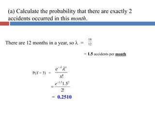 There are 12 months in a year, so l = 12
18
= 1.5 accidents per month
P(X = 3) =
!
x
e x
l
l
-
!
2
5
.
1 2
5
.
1
-

e
= 0.2510
(a) Calculate the probability that there are exactly 2
accidents occurred in this month.
 