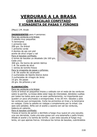 VERDURAS A LA BRASA
           CON BACALAO CONFITADO
       Y VINAGRETA DE PASAS Y PIÑONES
(Maui) J.M. Arzak

INGREDIENTES para 4 personas:
Para las verduras a la brasa:
2 cebolla muy pequeñas
½ berenjena
1 pimiento rojo
200 grs. De brécol
1 pimiento verde
4 dientes de ajo con piel
aceite de oliva virgen y sal
Para el bacalao confitado:
4 lomos de bacalao ya desalado (de 160 grs.
Cada uno)
300 grs. De tocino de jamón ibérico
1 dl. De aceite de oliva
1 ramita de tomillo fresco
Para la vinagreta de pasas y piñones:
1 dl. De aceite de cacahuete
2 cucharadas de Oporto blanco dulce
3 cucharadas de vinagre de Jerez
15 grs. De pasas
20 grs. De piñones y sal

ELABORACIÓN:
Para las verduras a la brasa:
Corta el brécol en pequeños trozos y colócalo con el resto de las verduras
sobre la parrilla. La brasa debe estar baja de intensidad, dándoles vueltas
por todos los lados para que se asen perfectamente, no importando que
queden un poco ahumadas o ennegrecidas. A los 20 min. Sácalas y pela
las verduras que corresponda. Corta los pimientos en tiras y la berenjena
en rodajas. Corta la cebolla en rodajas o simplemente por la mitad. Los
ajos solo pelados. Aliña con el aceite y sazona con sal las verduras,
todavía en caliente.
Para el bacalao confitado:
Trocea el tocino de jamón y derrítelo a fuego muy suave en una cazuela;
una vez derretida, cuela una esta grasa con una estameña o paño limpio.
Añade el aceite y la ramita de tomillo y pon esta cazuela al fuego muy
lento, sin que apenas hierva. Introduce los lomos de bacalao, cubriéndolos




                                                                       218
 