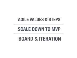 AGILE VALUES & STEPS 
SCALE DOWN TO MVP 
BOARD & ITERATION 
 