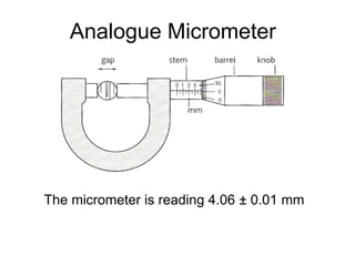 Analogue Micrometer
The micrometer is reading 4.06 ± 0.01 mm
 