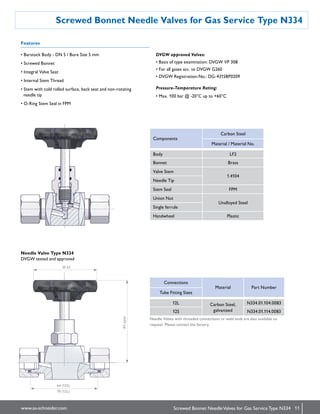 11www.as-schneider.com
Screwed Bonnet Needle Valves for Gas Service Type N334
Screwed Bonnet NeedleValves for Gas Service Type N334
Features
Components
Carbon Steel
Material / Material No.
Body LF2
Bonnet Brass
Valve Stem
1.4104
Needle Tip
Stem Seal FPM
Union Nut
Unalloyed Steel
Single ferrule
Handwheel Plastic
Connections
Material Part Number
Tube Fitting Sizes
12L Carbon Steel,
galvanized
N334.01.104.0083
12S N334.01.114.0083
• Barstock Body - DN 5 / Bore Size 5 mm
• Screwed Bonnet
• Integral Valve Seat
• Internal Stem Thread
• Stem with cold rolled surface, back seat and non-rotating
needle tip
•O-Ring Stem Seal in FPM
DVGW approved Valves:
Needle Valves with threaded connections or weld ends are also available on
request. Please contact the factory.
Needle Valve Type N334
DVGW tested and approved
• Basis of type examination: DVGW VP 308
• For all gases acc. to DVGW G260
• DVGW Registration-No.: DG-4315BP0209
Pressure-Temperature Rating:
• Max. 100 bar @ -20°C up to +60°C
Ø 63
83open
64 (12S)
70 (12L)
 